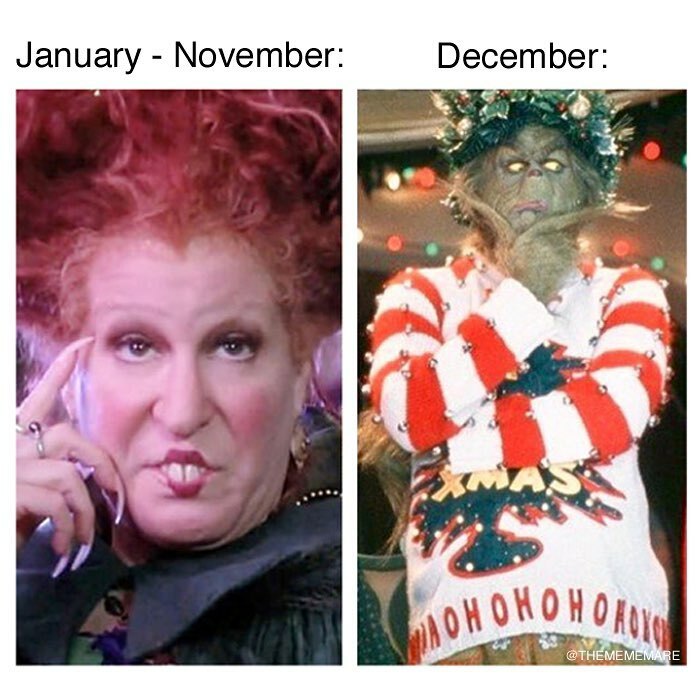 Two-panel meme showing a woman with red hair and the Grinch in a festive sweater, goth memes theme.