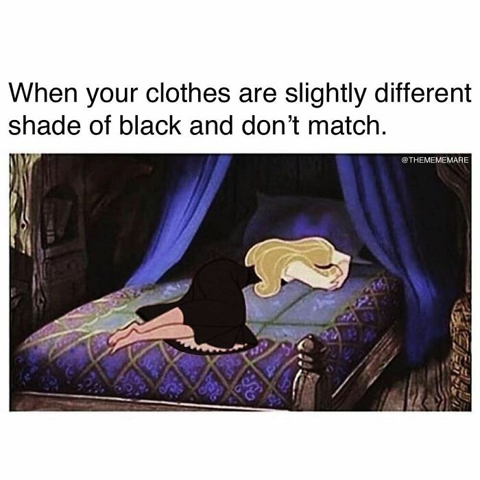 Woman in black clothes lying on bed frustrated, illustrating goth memes about different shades of black not matching.