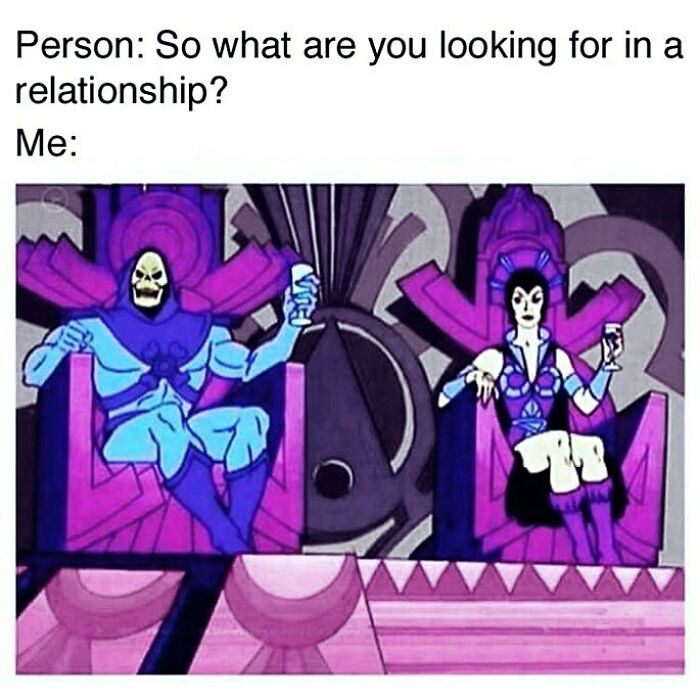 Cartoon characters sitting on purple thrones holding drinks, humorous goth memes about relationships for anyone who doesn't fit in.