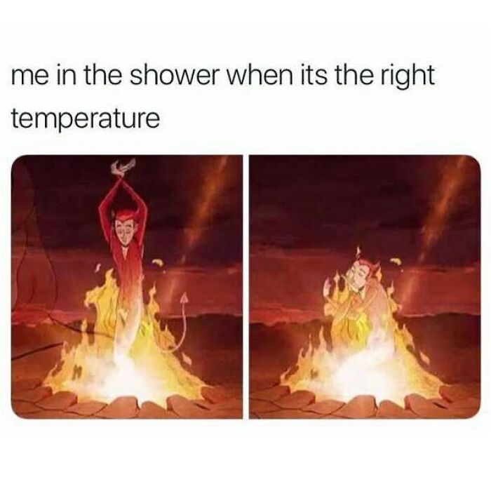 Devil character enjoying flames representing perfect shower temperature in a humorous goth meme about fitting in.