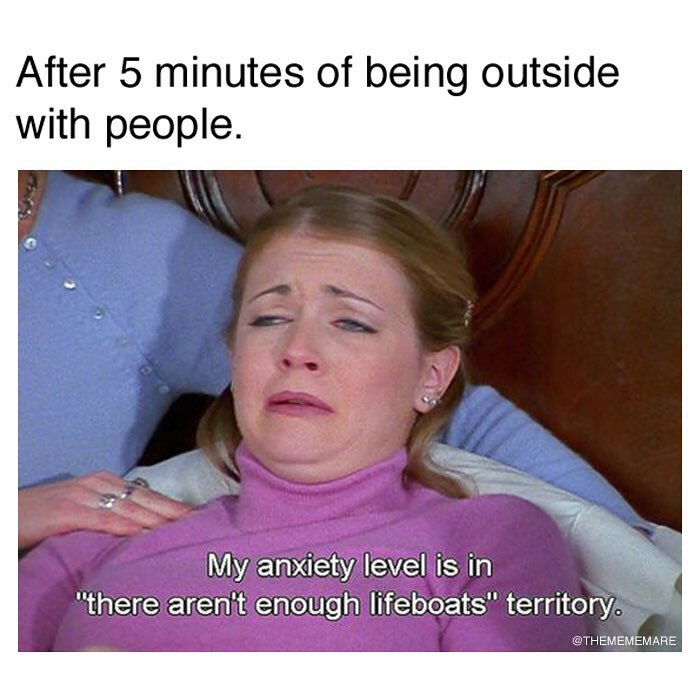 Woman in purple sweater with anxious expression, caption reflecting high anxiety after socializing, related to goth memes.