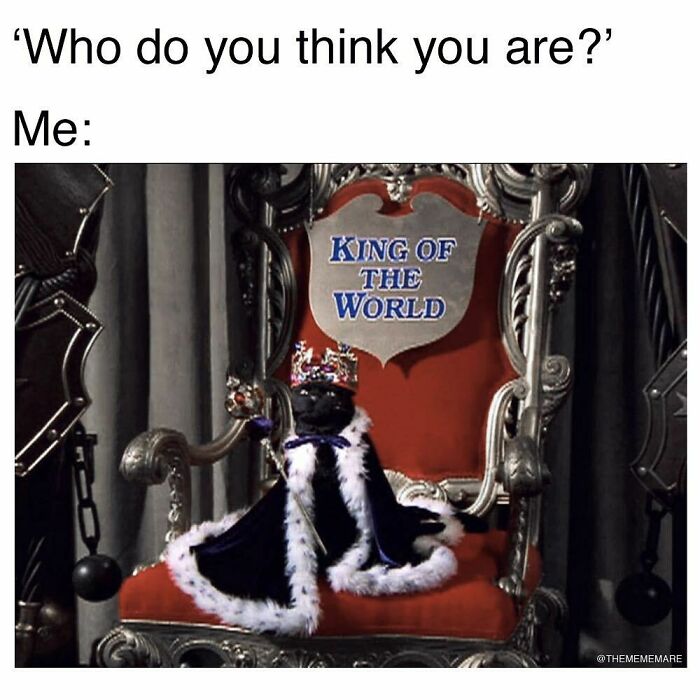 Meme showing a cat wearing a royal cape and crown sitting on a throne labeled king of the world, goth memes theme.