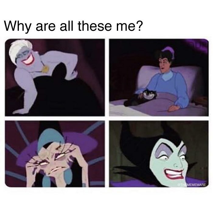Collage of Disney villains with the caption why are all these me, illustrating goth memes and dark humor.
