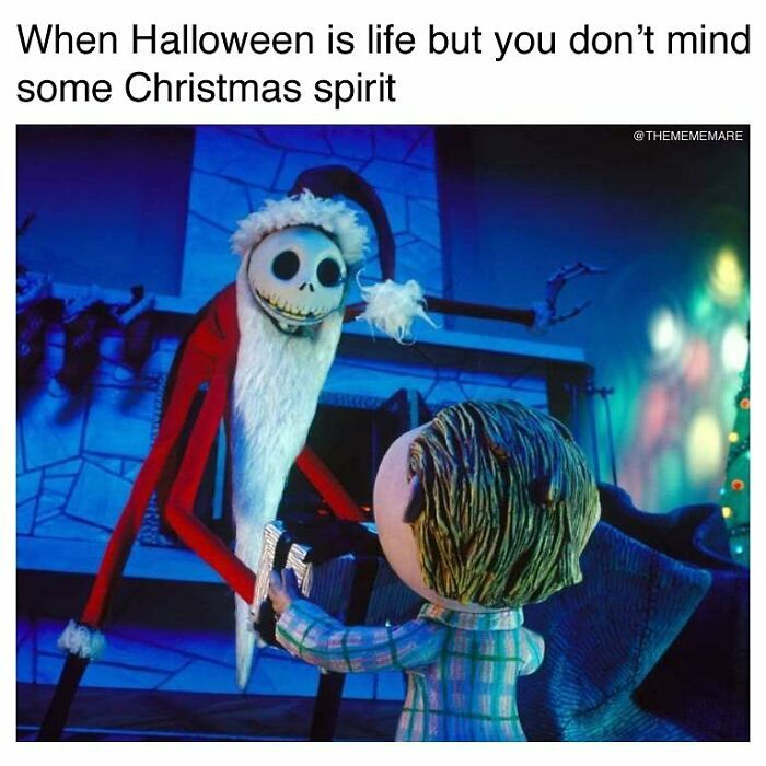 Scene from The Nightmare Before Christmas with Jack Skellington dressed as Santa, capturing goth meme humor and alternative holiday spirit.