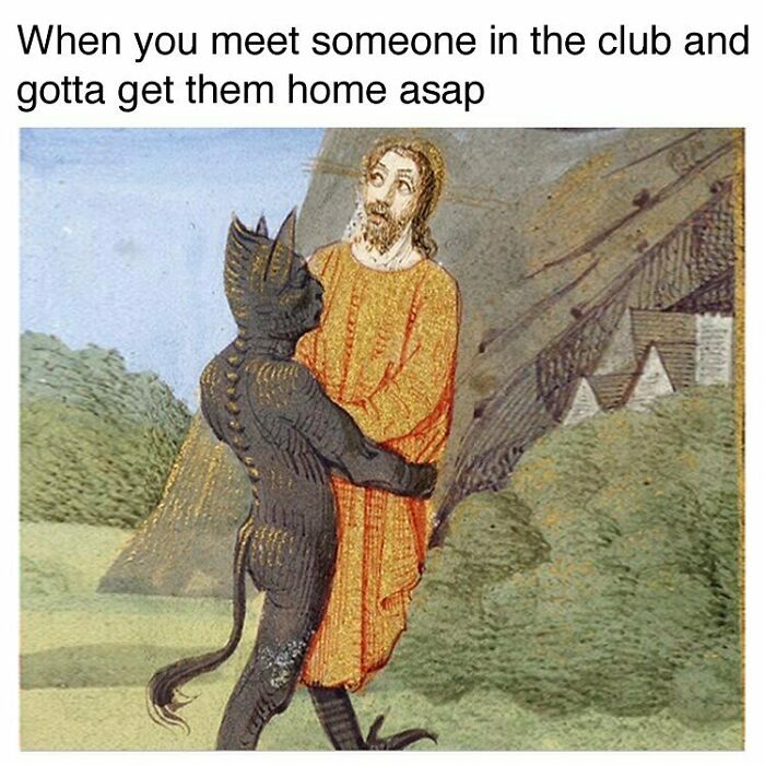 Medieval style goth meme showing a devil figure hugging a person with text about meeting someone in a club.
