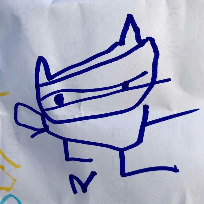 Child's funny drawing of a character with exaggerated features in a very flattering portrait style.