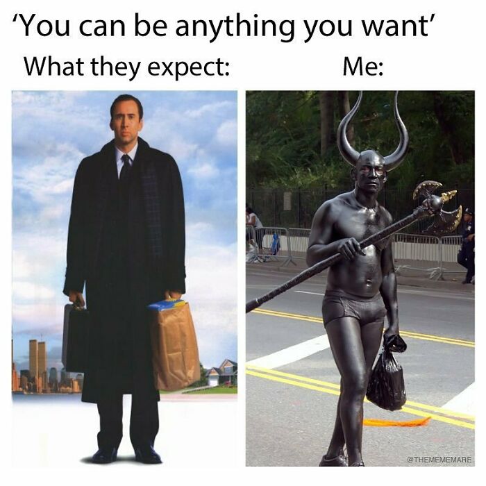 Man in a suit representing expectation versus a black-painted man with horns and a trident, illustrating goth memes for those who don't fit in.
