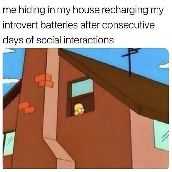 Cartoon character peeking out window representing introvert recharging after social interactions, goth memes theme.