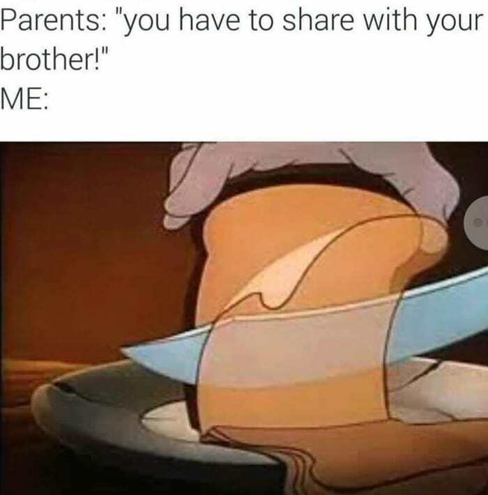 Hand cutting a large slice of cheese with a knife, illustrating sibling sharing in sibling memes.