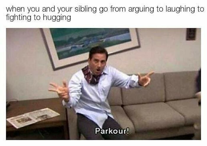 Man enthusiastically demonstrating parkour on a couch, humorously capturing sibling moments of arguing and hugging.