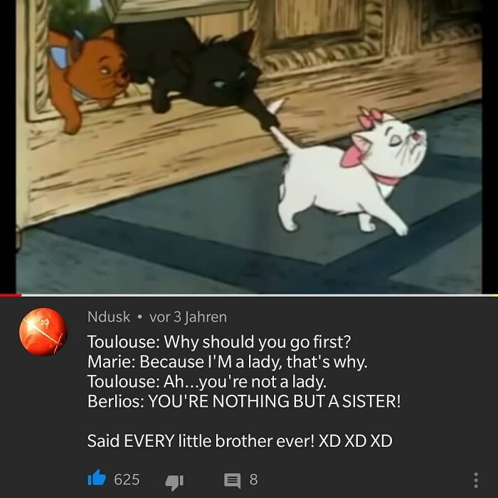 Scene from animated cats with dialogue about sibling roles, capturing the essence of sibling memes and relationships.