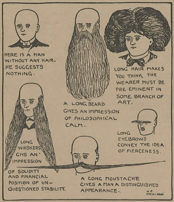 Vintage newspaper clipping illustrating humorous impressions of different facial hair styles from the old days.