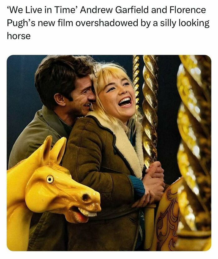 Couple smiling on a carousel with a silly looking yellow horse, perfect for funny random memes to scroll during a slump.