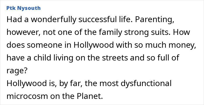 Text excerpt from a user comment discussing Hollywood&rsquo;s dysfunction, related to Rob Reiner&rsquo;s son arrested for allegedly slaying parents.