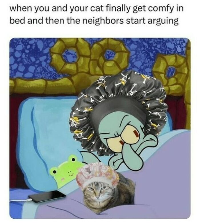 Cartoon character and cat in bed with shower caps, humor capturing cute and chaotic cat content moments.