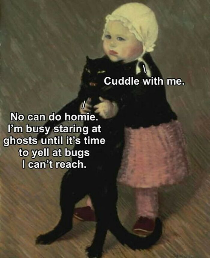 Vintage-style painting of a child hugging a black cat with funny chaotic cat content meme text.