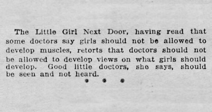 Vintage newspaper clipping with a humorous and relatable quote about girls and doctors from the old days.