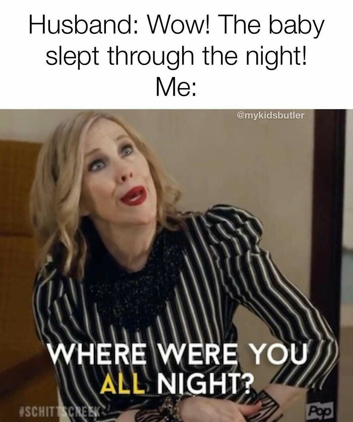Woman with striped blouse making a sarcastic face, captioned with funny and savage parenting meme about a baby sleeping through the night.