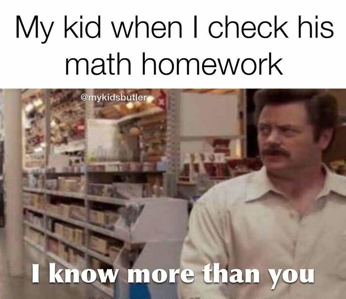 Man in a store with skeptical expression, humorous parenting meme about checking kid's math homework and confidence.