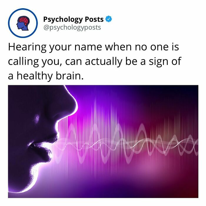 Tweet from Psychology Posts about hearing your name unexpectedly as a fun and fascinating psychology fact with brain wave graphic.