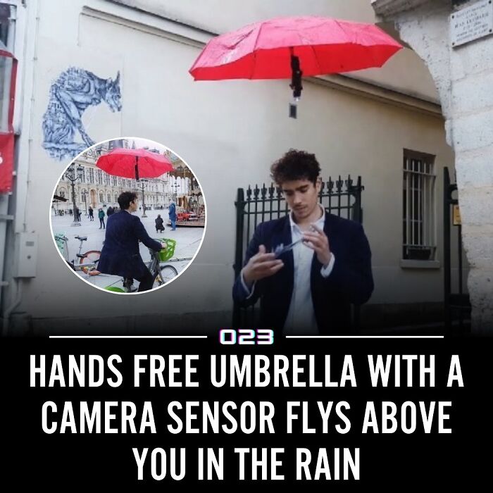 Hands free umbrella with camera sensor flying above a man, demonstrating a positivity recommended wholesome fact device in rain.