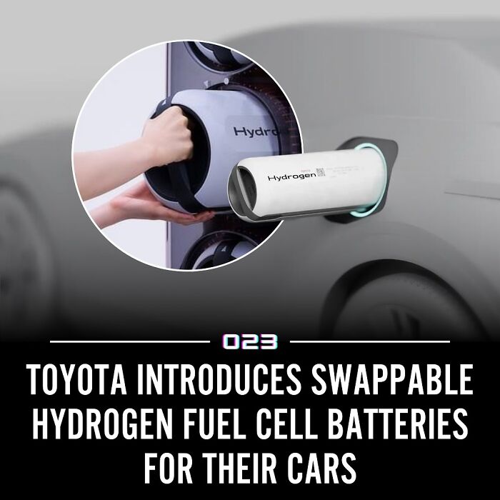 Swappable hydrogen fuel cell batteries being introduced by Toyota, promoting positivity with eco-friendly car technology.