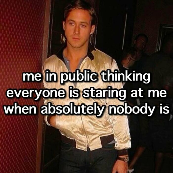 Young man in a shiny jacket looking awkward, paired with a funny unhinged meme about social anxiety and overthinking.