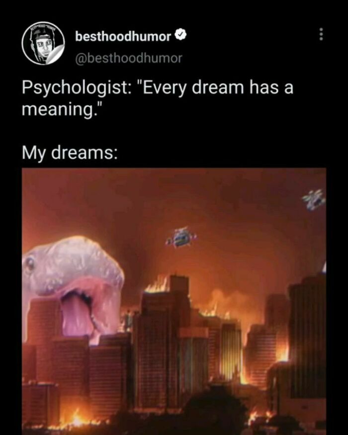 Meme showing a giant creature attacking a city with flames in the background, representing funny dreams for memes SEO.