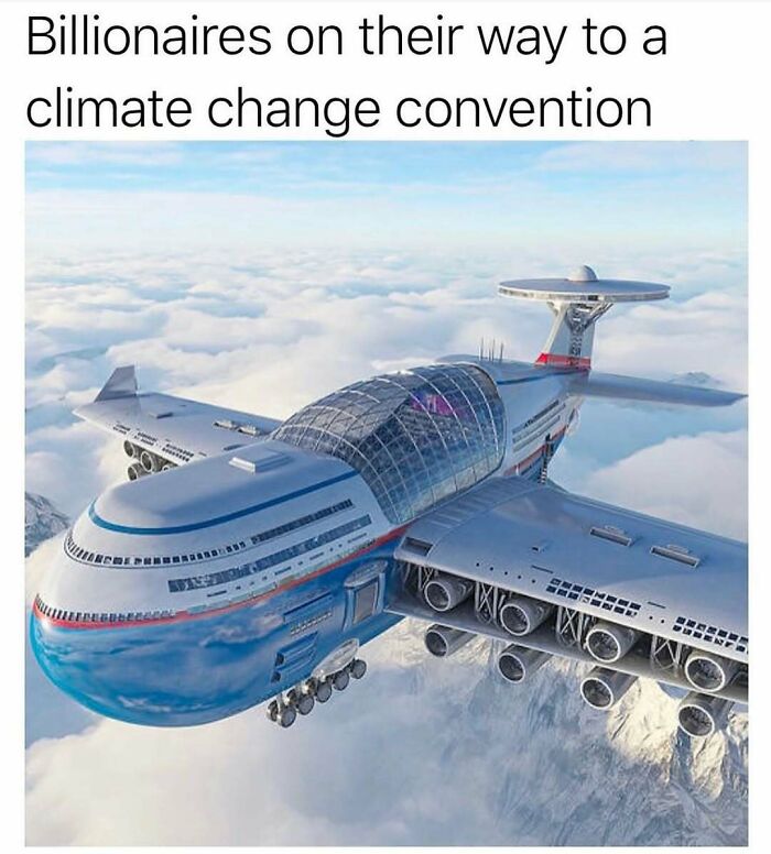 Futuristic airplane flying above clouds with caption about billionaires and climate change, a funny random meme.