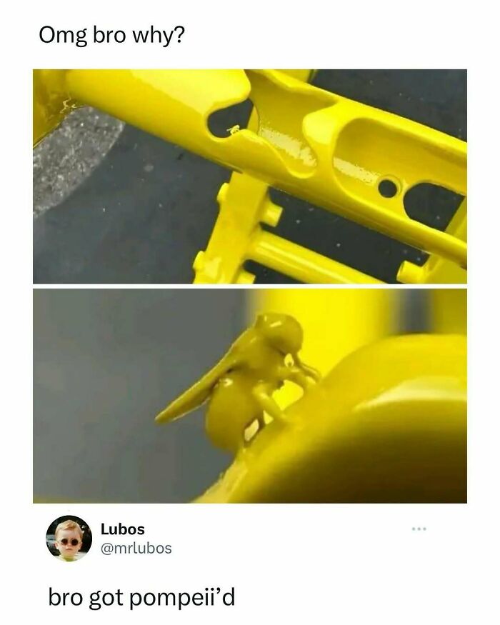 Funny random meme showing a yellow insect stuck in melted yellow metal, perfect to scroll when you’re in a slump.