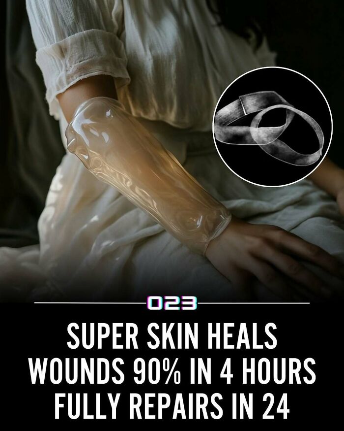 Person wearing transparent protective super skin on arm, highlighting fast healing and repair benefits for wounds.