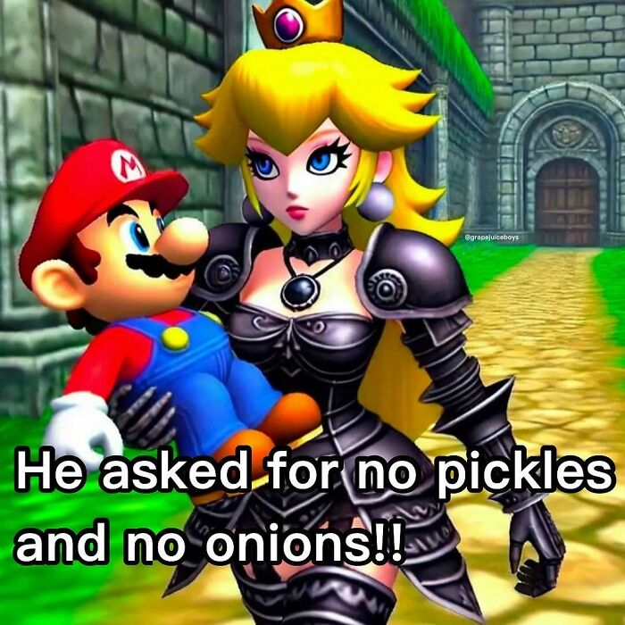 Mario being held by a female character in black armor with a humorous meme text, funny unhinged memes style.