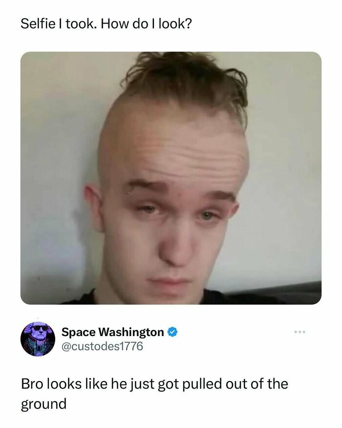 Young man with an uneven hairstyle and tired expression featured in funny random memes to scroll in a slump.