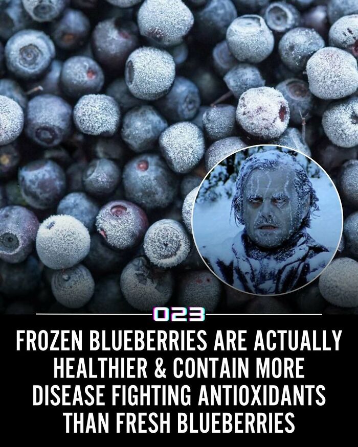 Close-up of frozen blueberries highlighting health benefits with more antioxidants than fresh ones, promoting positivity recommended facts.