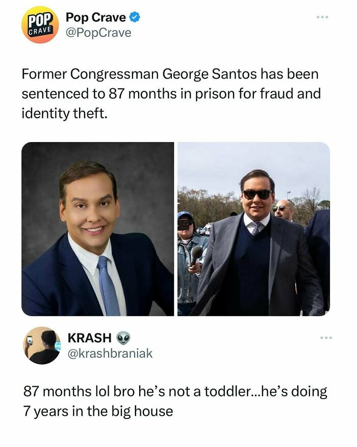 Funny random meme featuring a news tweet and a sarcastic comment about a prison sentence for identity theft.