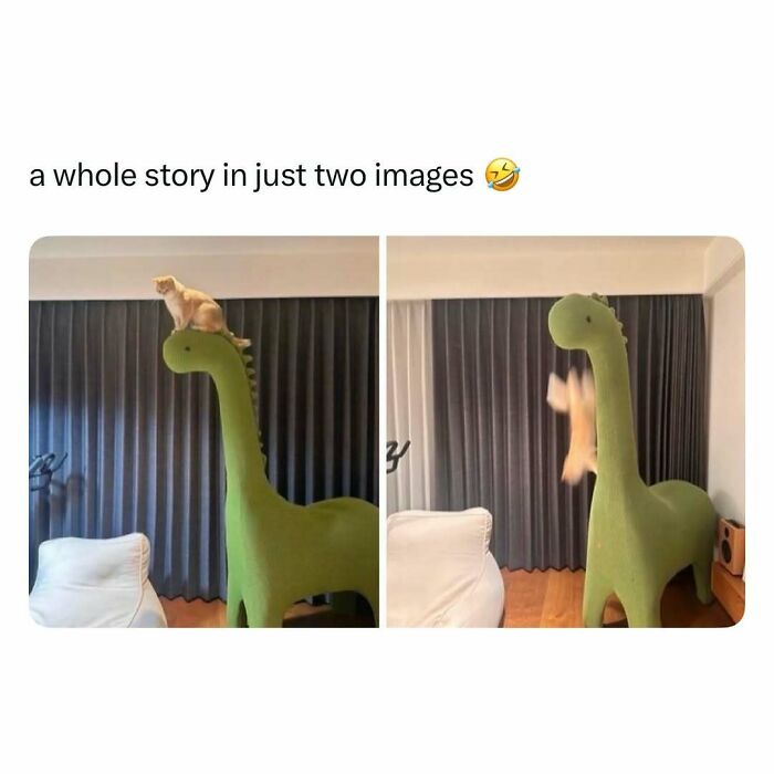 Cat jumping off a large green dinosaur toy in a funny and wholesome animal post to cleanse your feed.