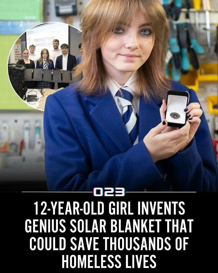 12-year-old girl inventor holding a medal for a solar blanket innovation that could save homeless lives positivity recommended