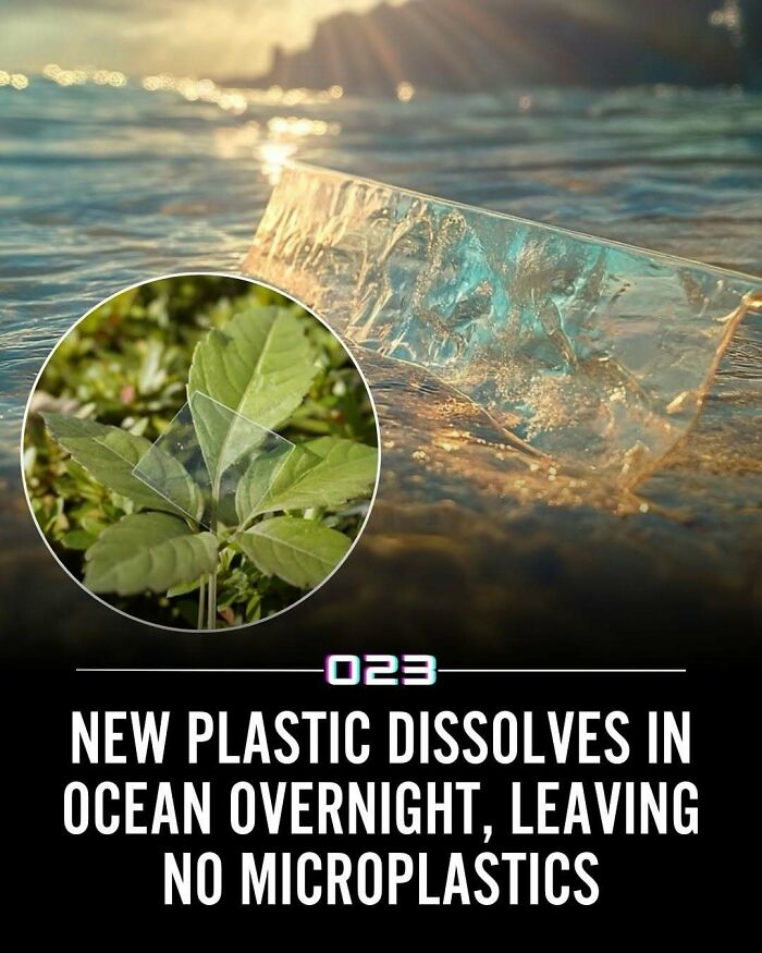 Biodegradable plastic dissolving in ocean water, promoting positivity with eco-friendly innovation facts.
