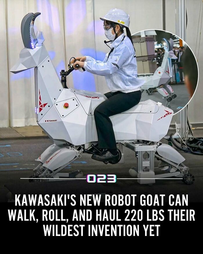 Person riding Kawasaki’s new robot goat demonstrates positivity recommended with innovative walking and hauling capabilities in a tech expo.