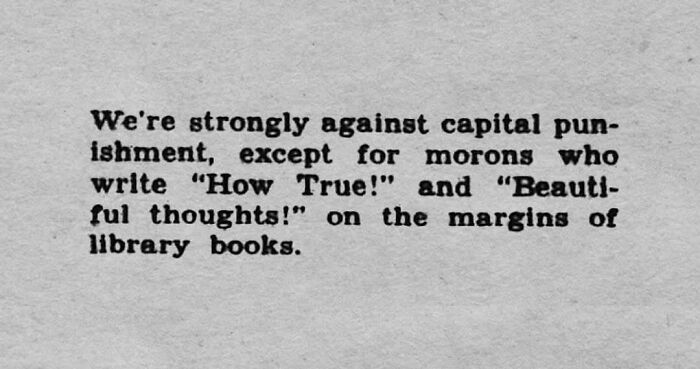 Vintage newspaper clipping showing a humorous statement about capital punishment and book margin comments.