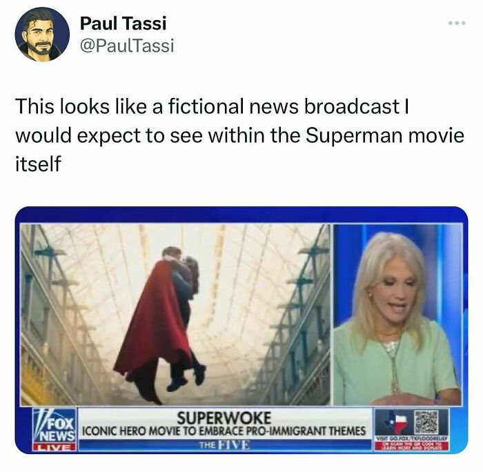 Twitter meme about a fictional news broadcast in a Superman movie, highlighting random memes to spice up life.
