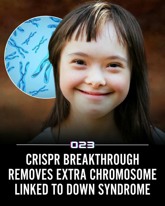 Smiling girl with Down syndrome alongside graphic of chromosomes highlighting positivity recommended and scientific breakthrough.