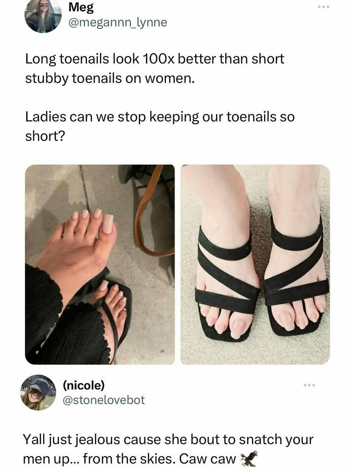 Screenshot of a humorous meme debate about long versus short toenails, featured in funny random memes.