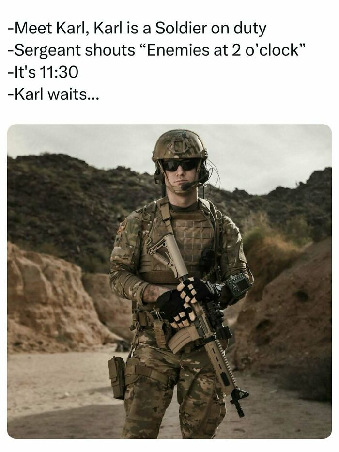 Soldier Karl in full combat gear standing in desert terrain illustrating a dad joke from a humor account.