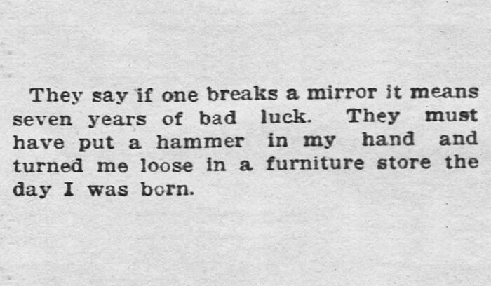 Vintage newspaper clipping showing a humorous take on bad luck and breaking mirrors from the old days.