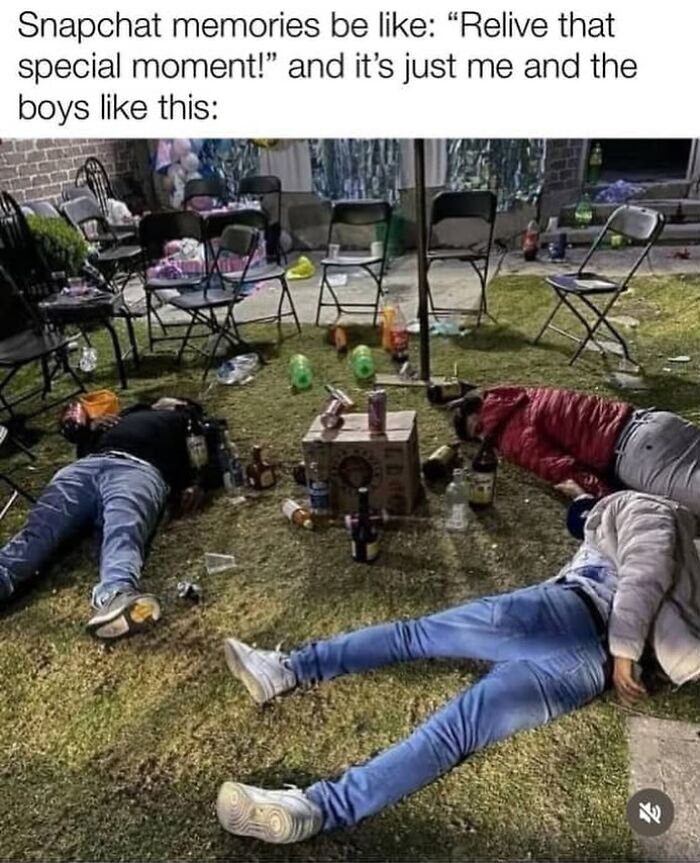 Three men lying on the grass surrounded by empty bottles and chairs, a humorous reality meme scene.