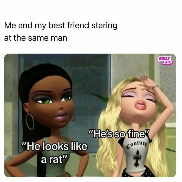 Two animated girls with contrasting opinions on a man, a humorous meme reflecting reality with humor and memes.