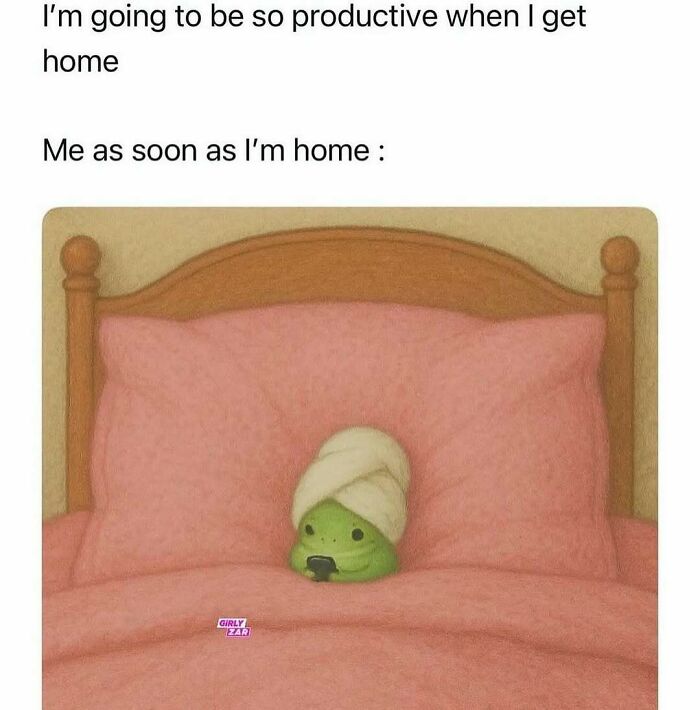 Cute frog wrapped in towel lying in bed using phone, illustrating memes to handle reality with humor.