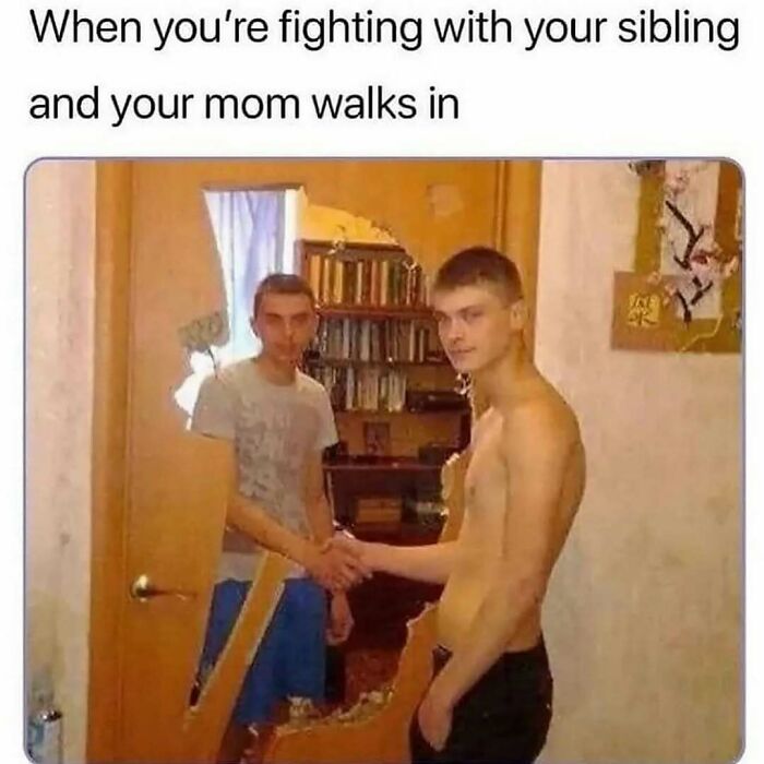 Two brothers shaking hands in a room with a broken door, illustrating memes to handle reality with humor.
