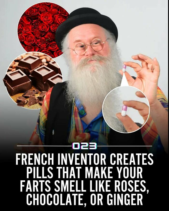 Older man with white beard holding a pill, with images of roses and chocolate representing wholesome positivity facts.